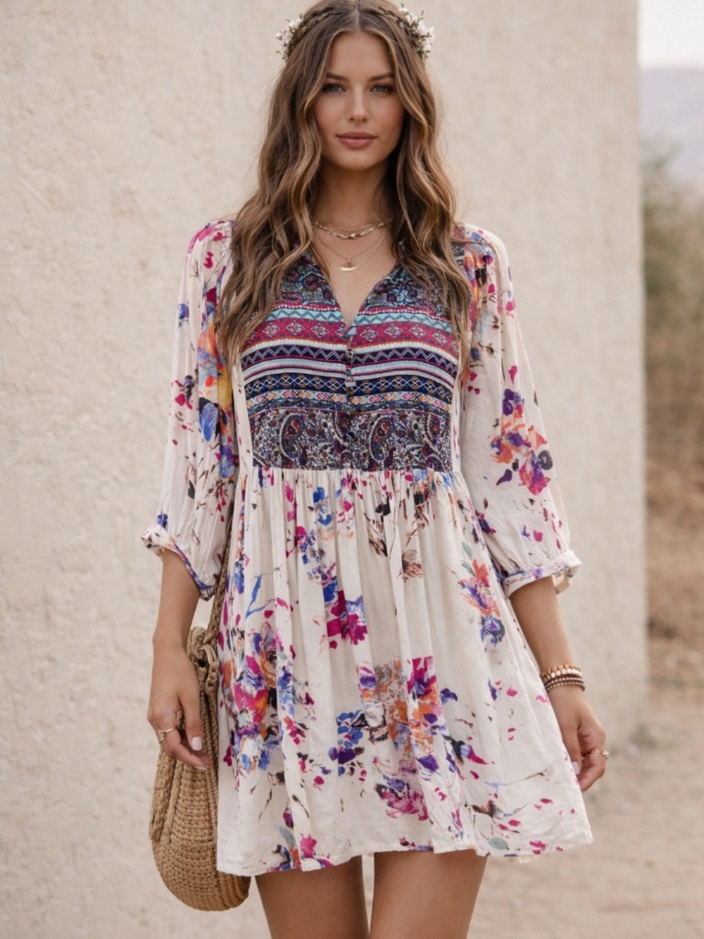 Umgee Boho Floral Babydoll Tunic Dress M Flowy Spring